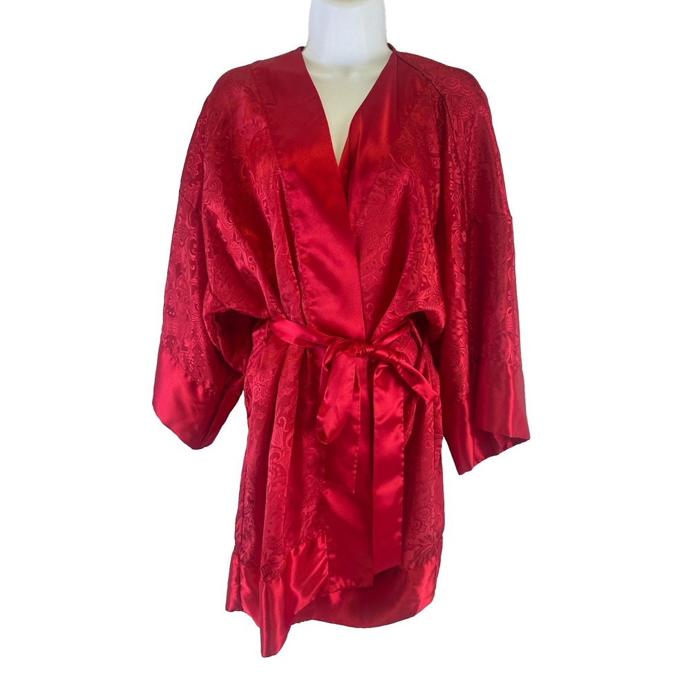 Victorias Secret Kimono Robe Red Satin Jacquard Tie Belt Lightweight One Size